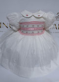 Girls Smocked Dress - White Swiss Dott with baby pink and lilac - 6 Months up to 6 years