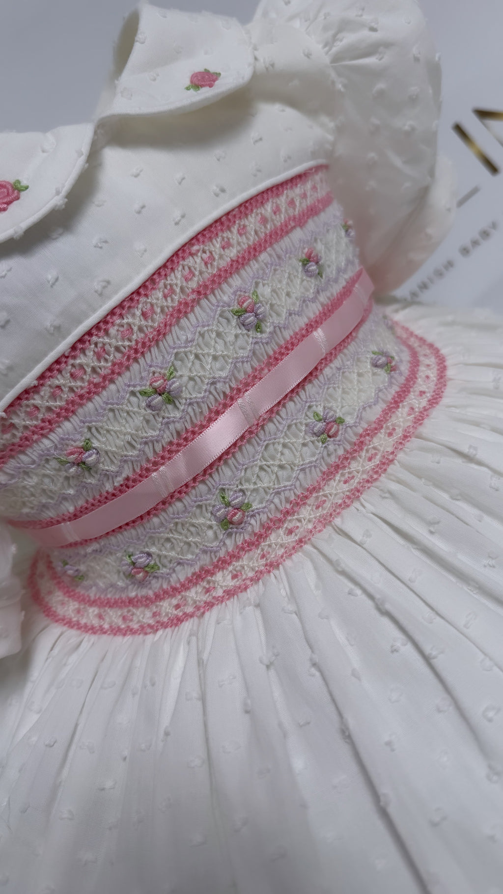 Girls Smocked Dress - White Swiss Dott with baby pink and lilac - 6 Months up to 6 years