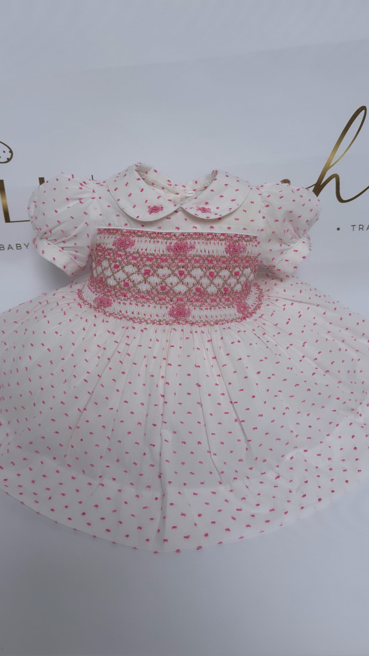 Girls Smocked Dress - Hot Pink Swiss Dott