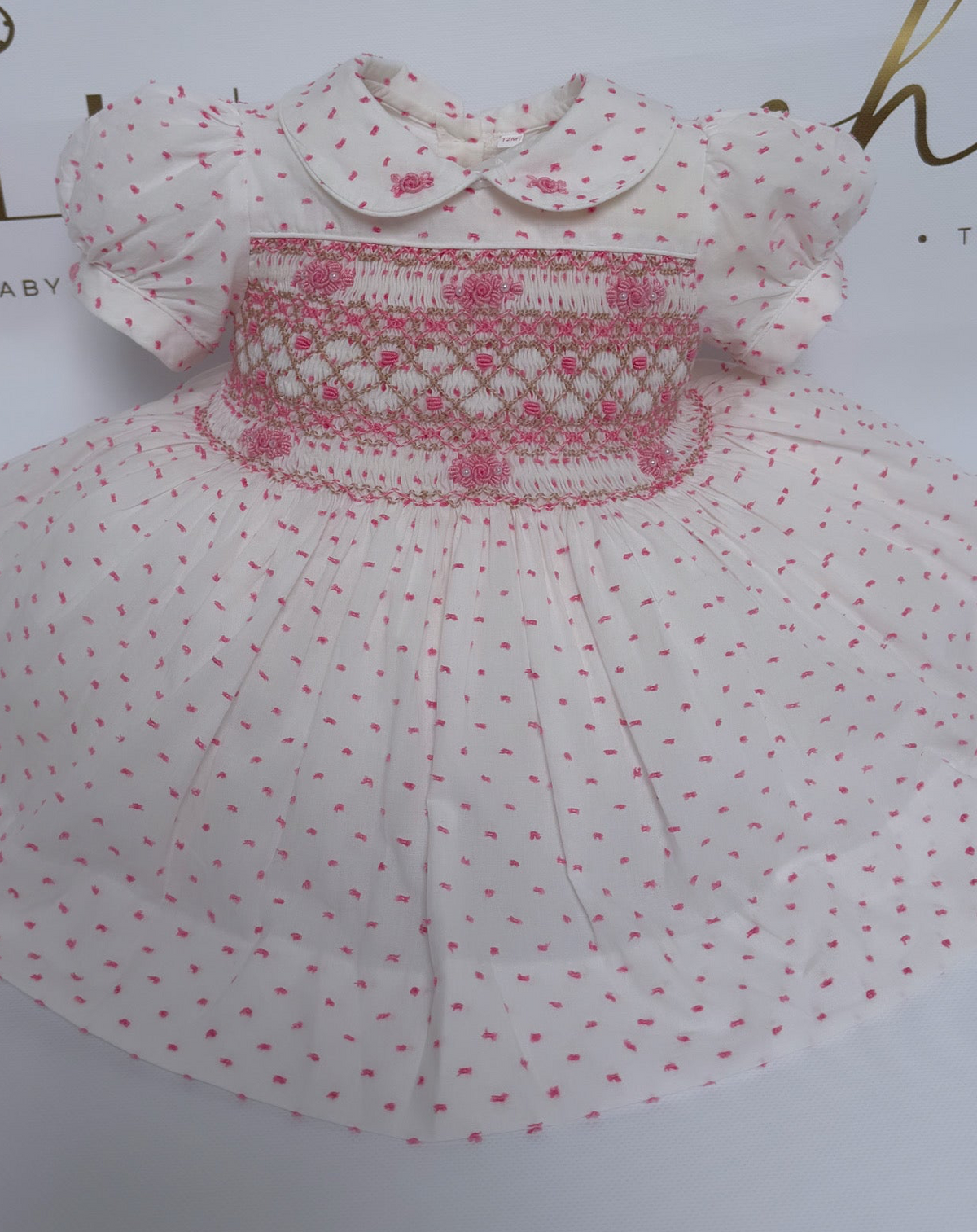 Girls Smocked Dress - Hot Pink Swiss Dott