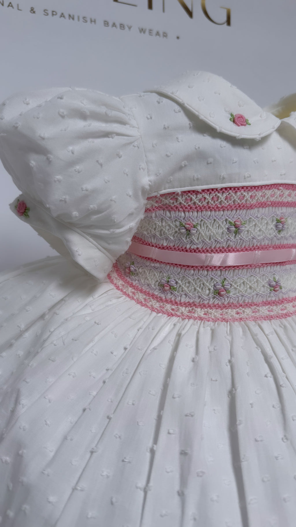 Girls Smocked Dress - White Swiss Dott with baby pink and lilac - 6 Months up to 6 years