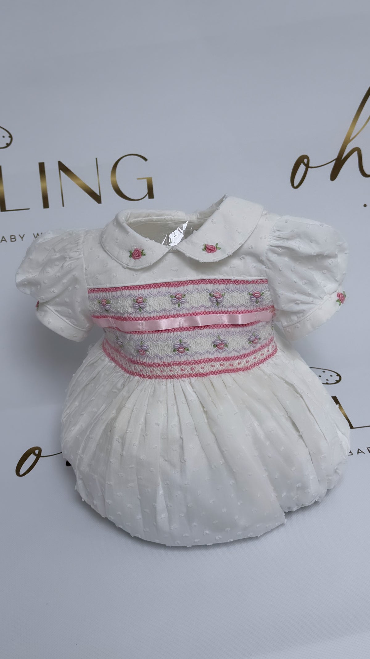 Girls Smocked Romper - white SwissDot with lilac and pink embroidery- matching bows included