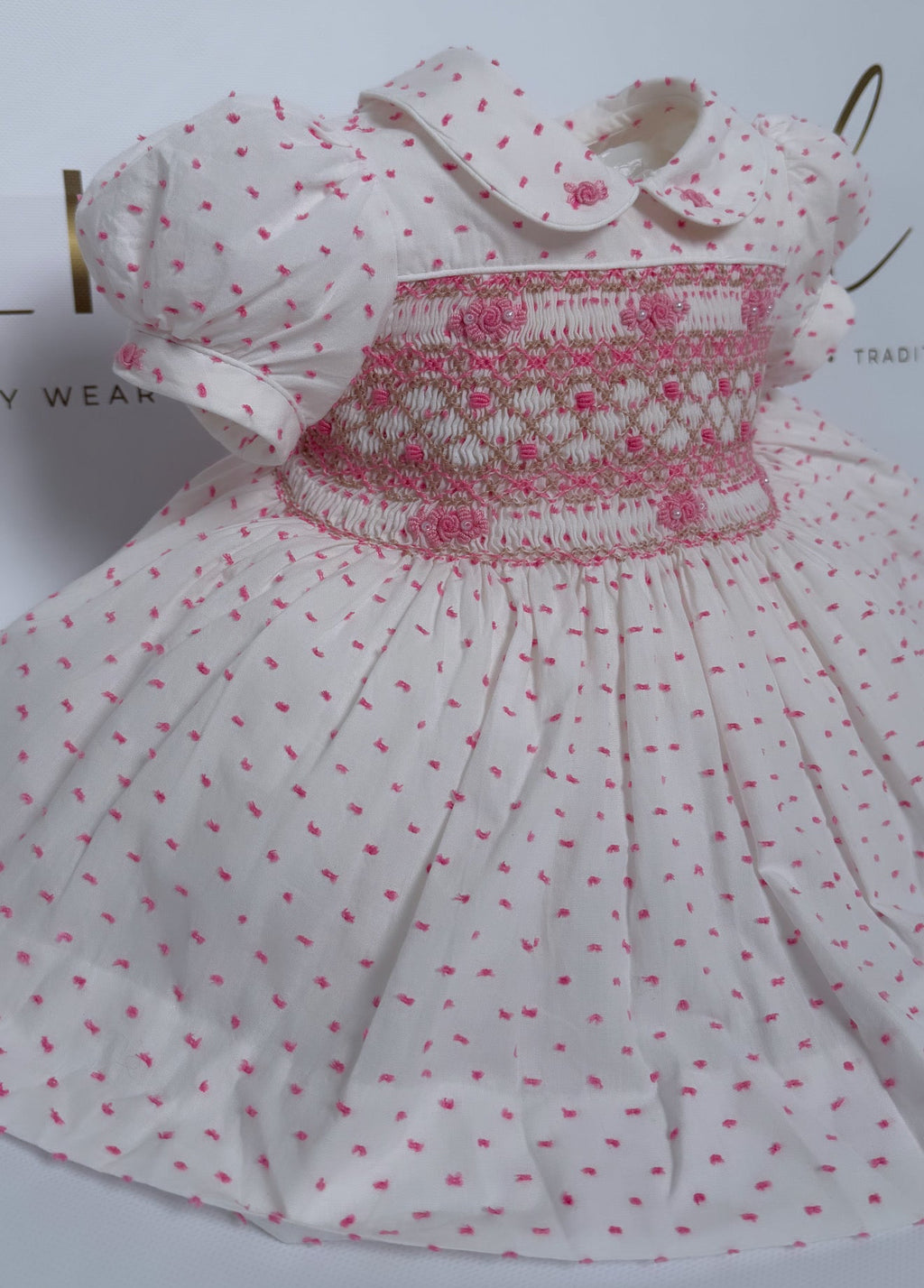 Girls Smocked Dress - Hot Pink Swiss Dott