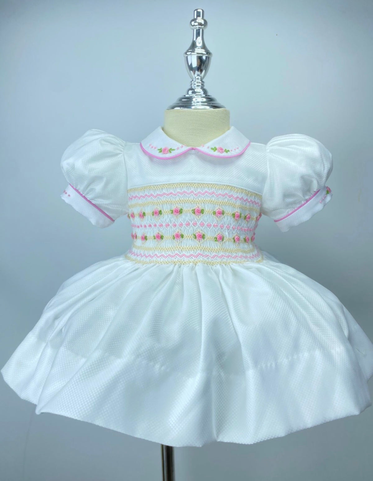 Girls Hand smocked Dress - White with pink and beige embroidery- bows and pants to match - 3 Months up to 6 Years