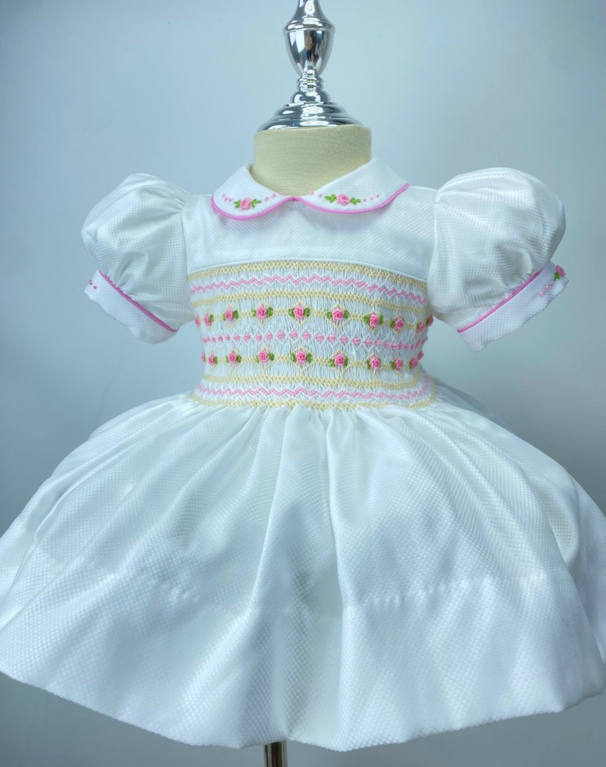 Girls Hand smocked Dress - White with pink and beige embroidery- bows and pants to match - 3 Months up to 6 Years