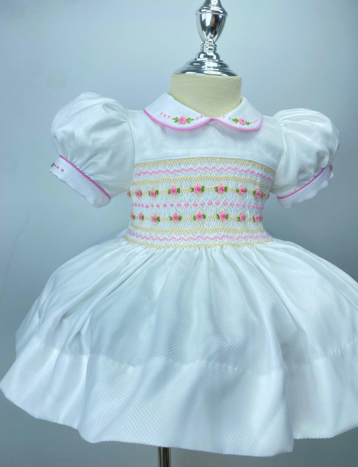 Girls Hand smocked Dress - White with pink and beige embroidery- bows and pants to match - 3 Months up to 6 Years