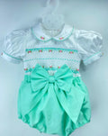 Baby Girls Hand Smocked Romper Suit - Mint Green 2 piece set