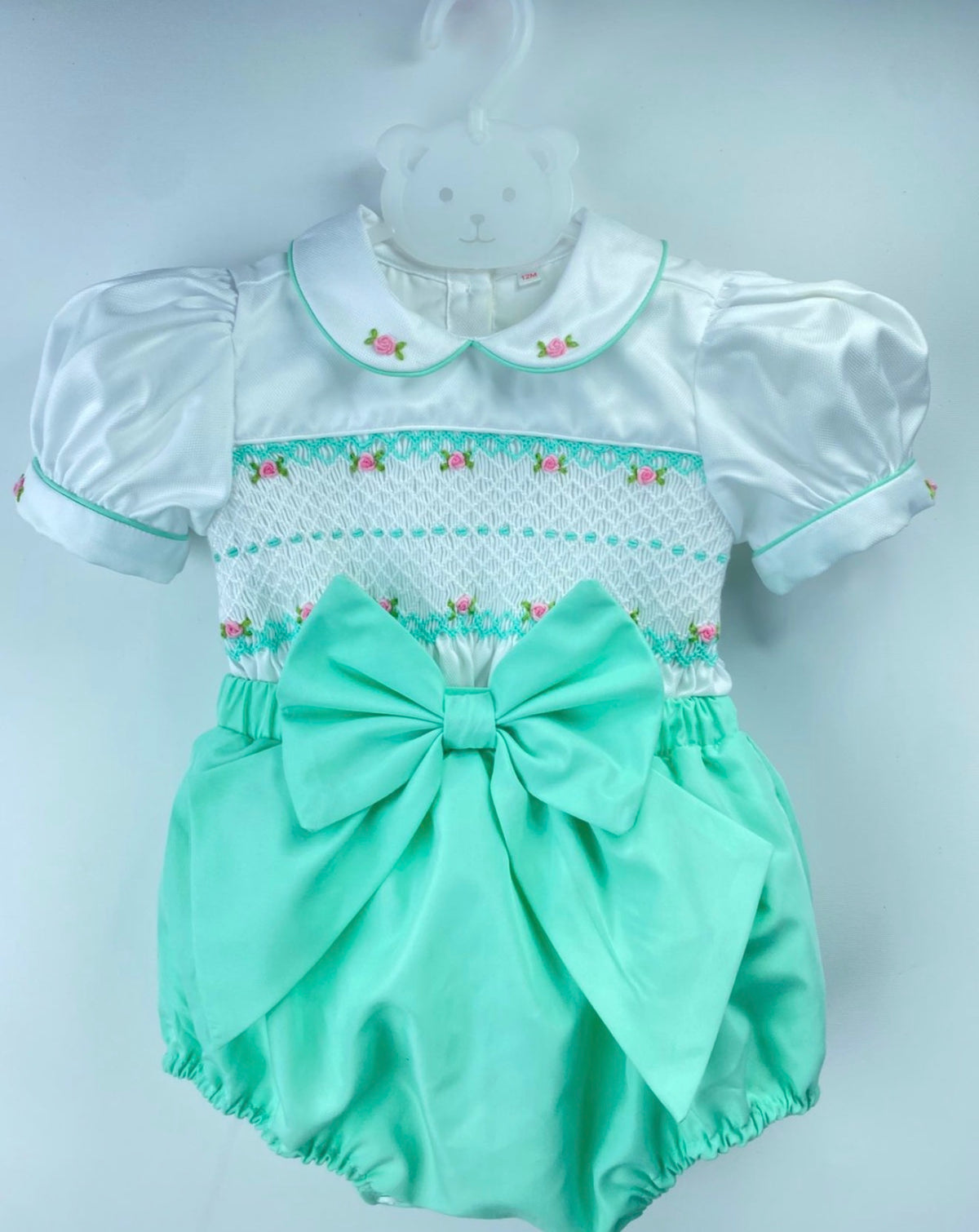 Baby Girls Hand Smocked Romper Suit - Mint Green 2 piece set