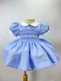 Girls Hand Smocked Dress - Blue with Pink - Hair accessories and Pants To Match