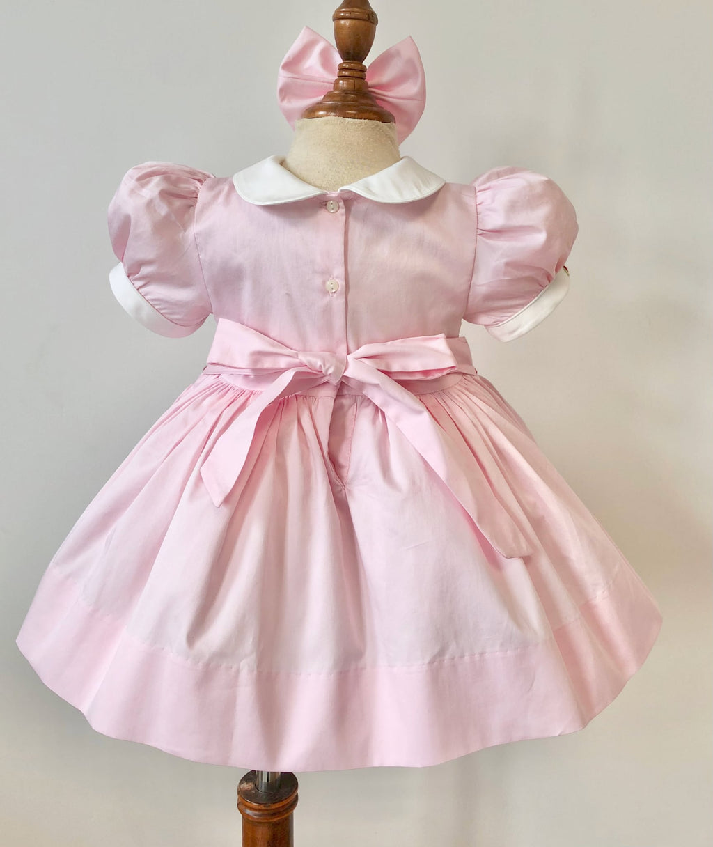 Baby Pink Girls Smocked Dress - Pink with Red embroidery