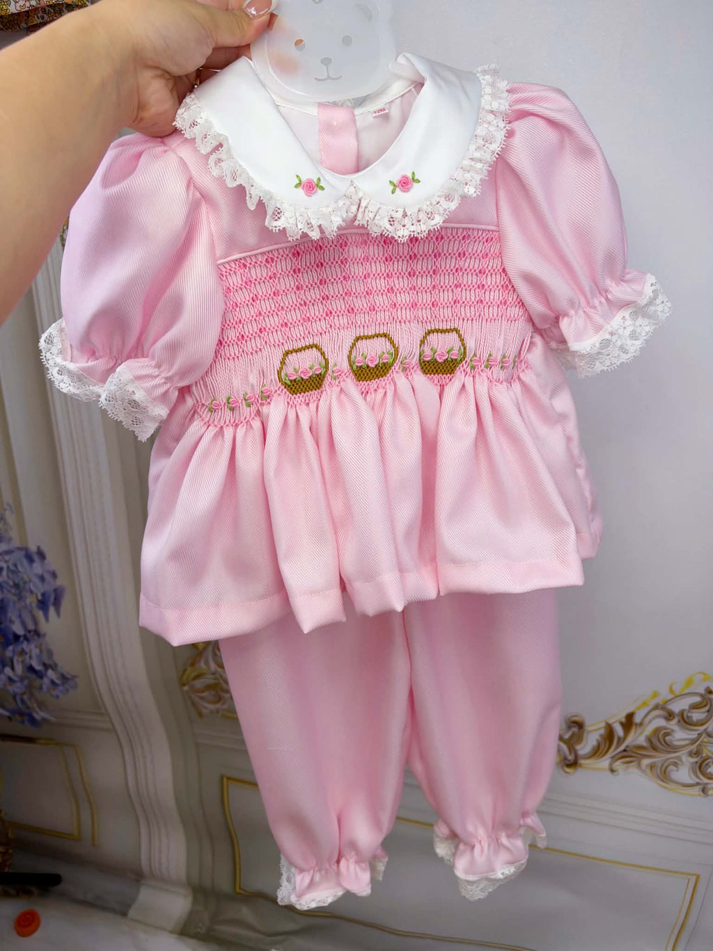 Girls Smocked Pyjamas- baby pink flower basket design