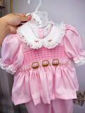 Girls Smocked Pyjamas- baby pink flower basket design