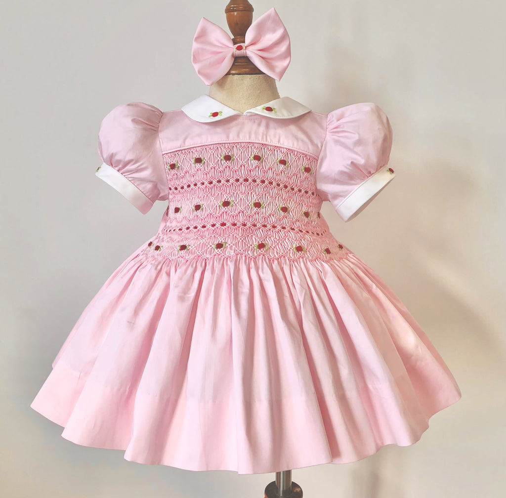 Baby Pink Girls Smocked Dress - Pink with Red embroidery