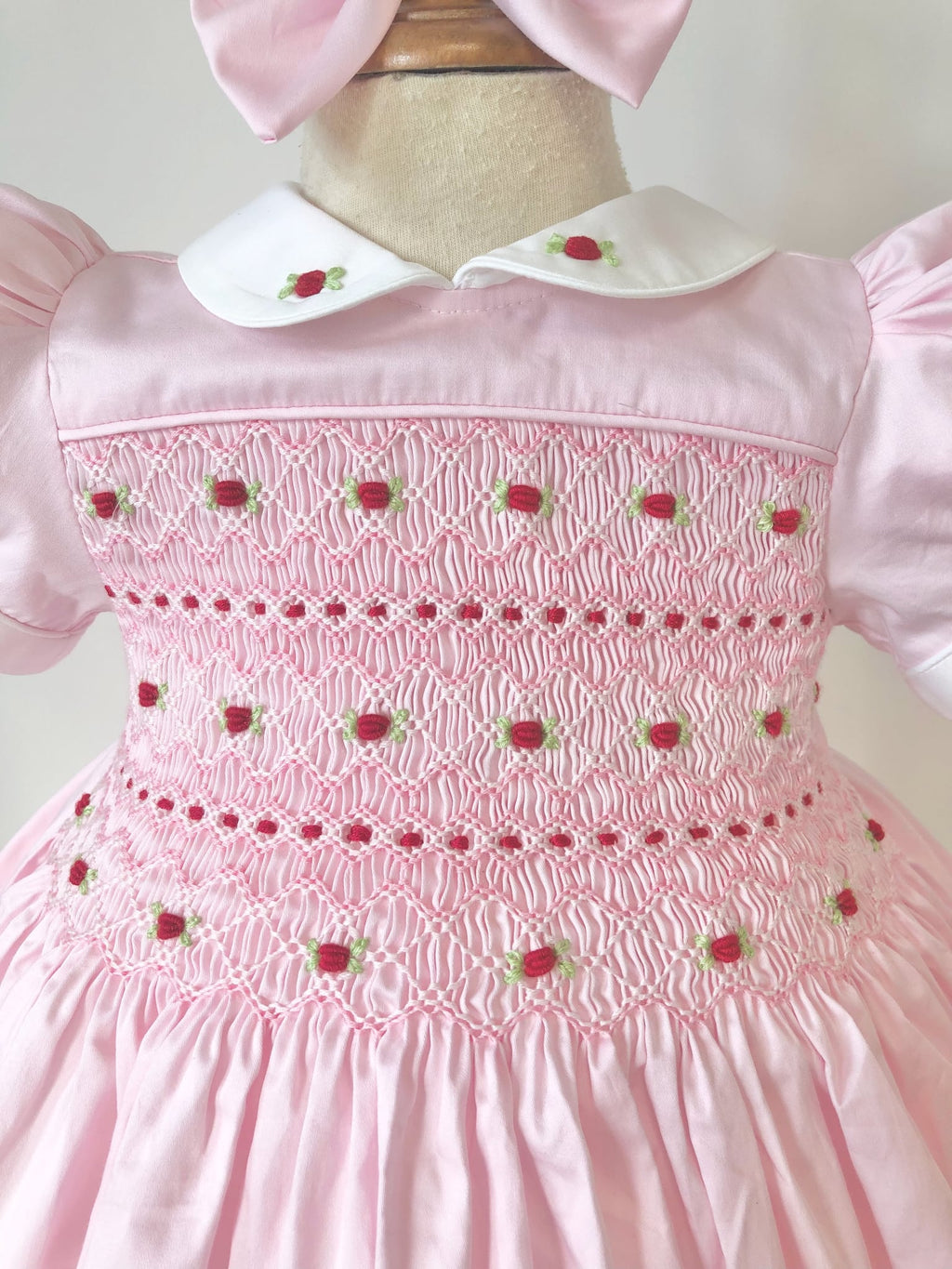 Baby Pink Girls Smocked Dress - Pink with Red embroidery