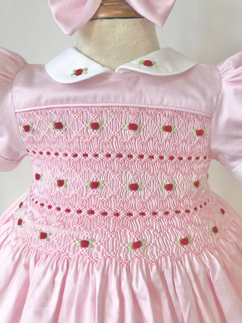 Baby Pink Girls Smocked Dress - Pink with Red embroidery
