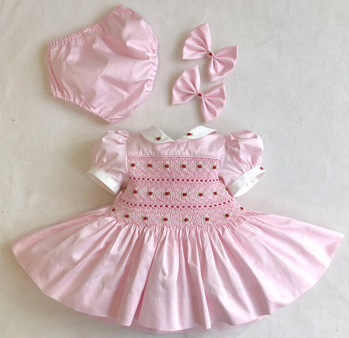 Baby Pink Girls Smocked Dress - Pink with Red embroidery